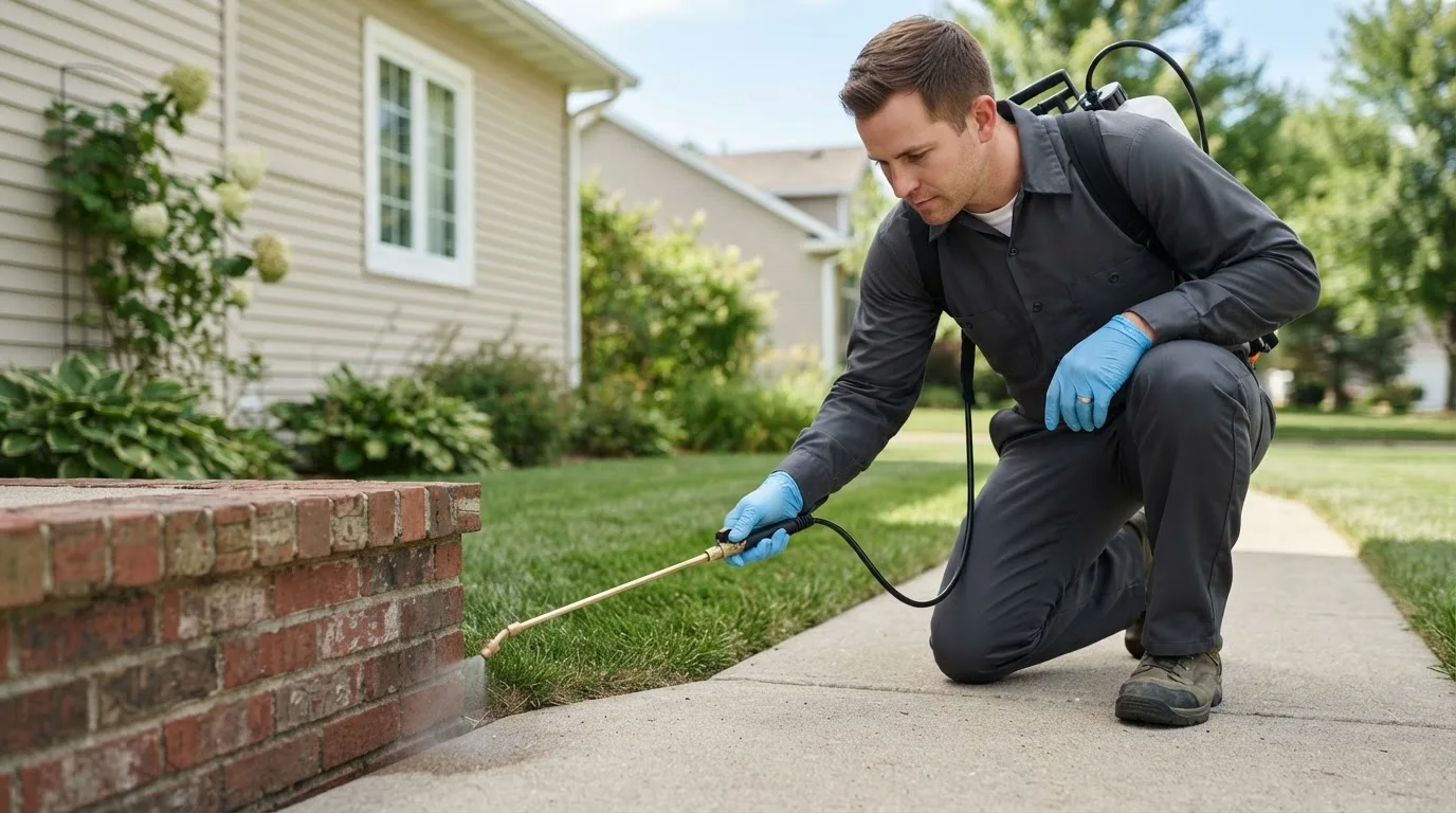 Pest control technician treating a home near Upland, IN