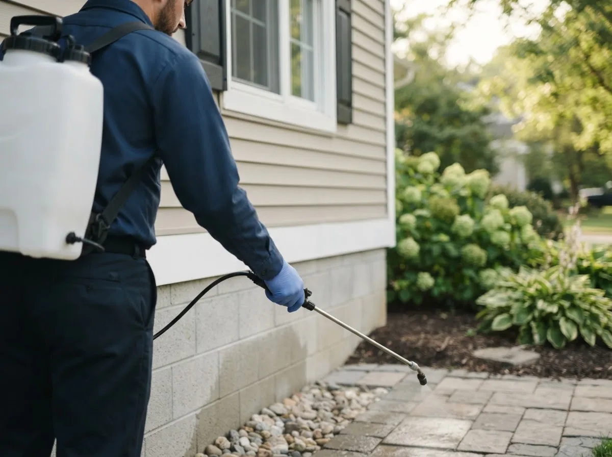 Pest control technician inspecting a home in Upland, IN